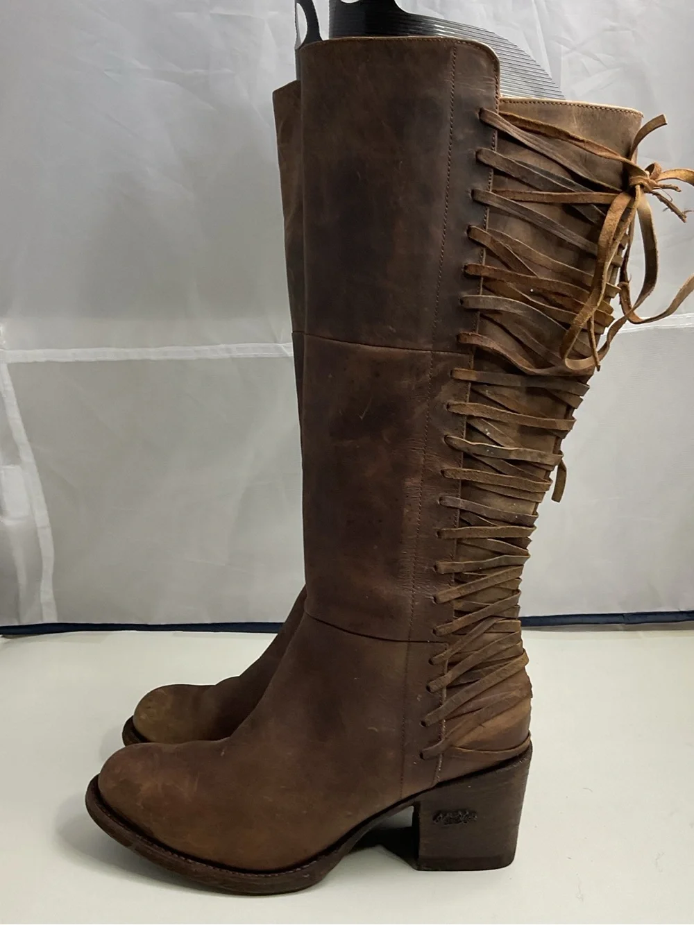 Miss Macie Brown Leather Tall Riding Lace-Back Side Zip Boots Women’s Size 9M